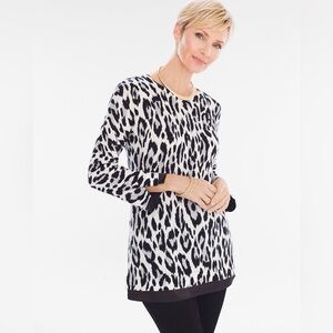 Chico’s Snow Leopard Woven Trim Pullover.
